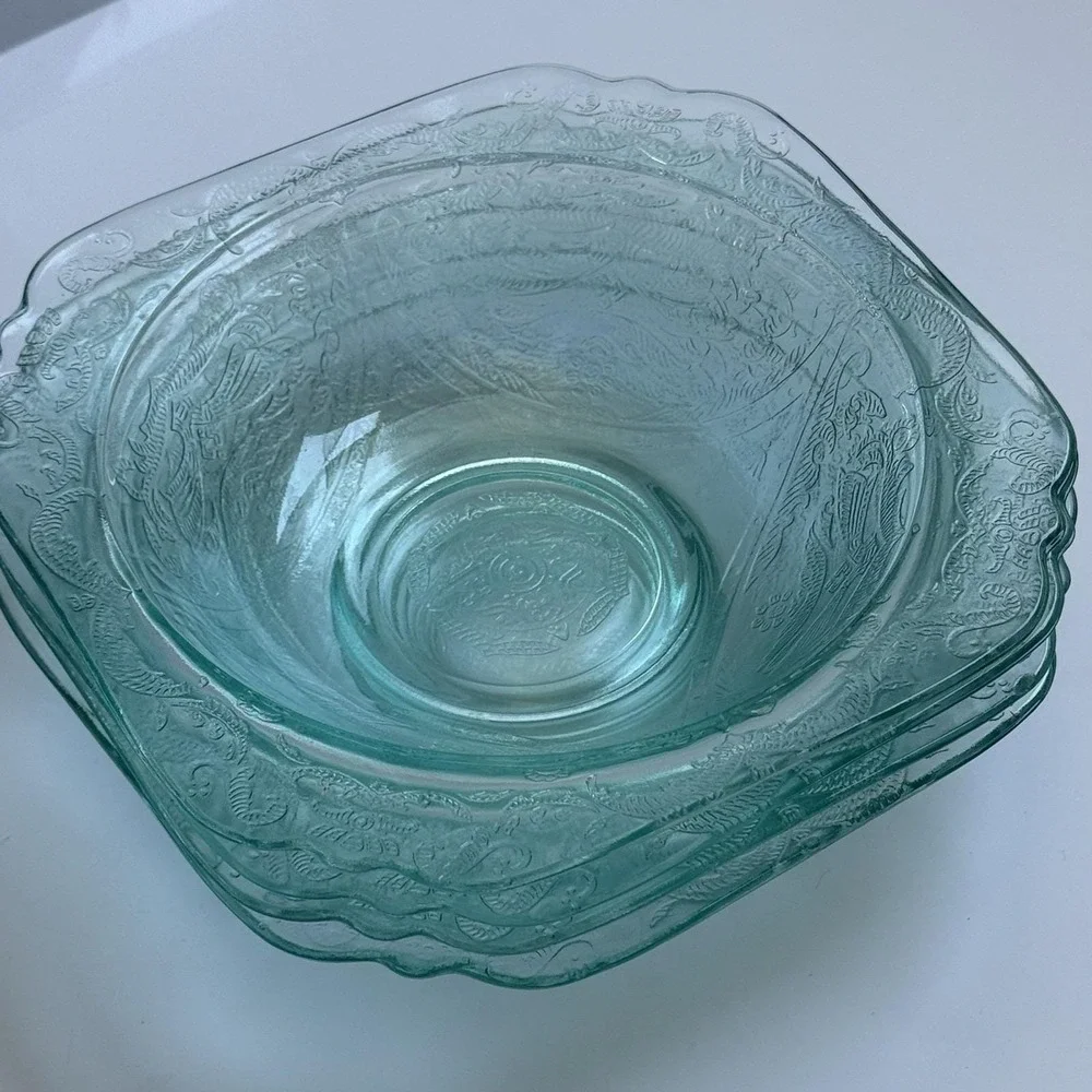 Vintage Depression Glass Recollection Madrid Teal Cereal Salad Bowl Set of‎ 4